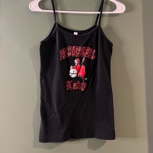 Black Spaghetti Strap Tank Top with Red Graphic